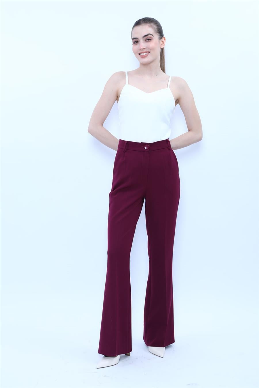 Kemerli İspanyol Paça Pantolon-Mürdüm Önder Özsoy 5006100 İspanyol Paça Pantolon