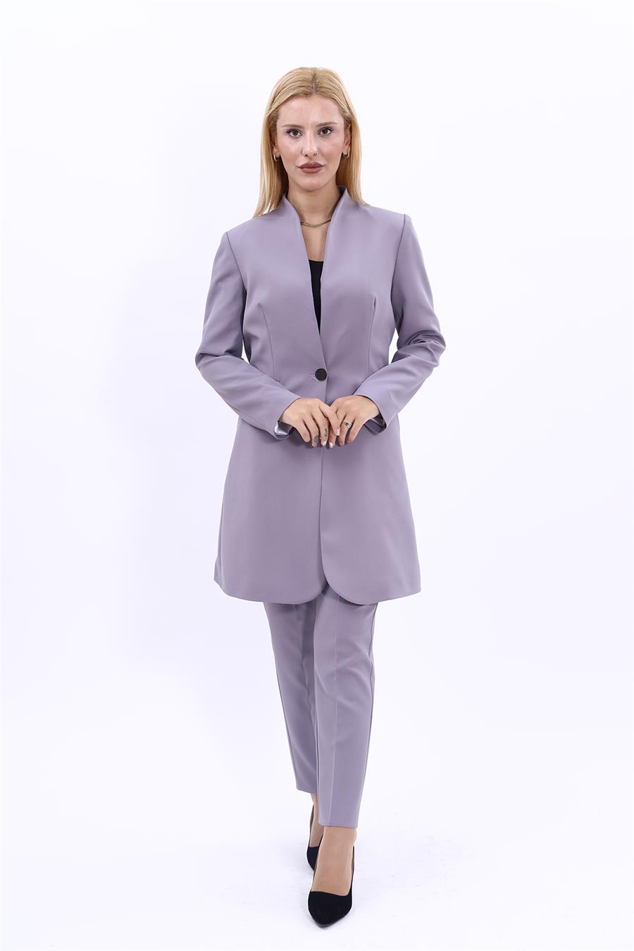 Kendinden Dik Yakalı Tek Düğmeli Uzun Ceket & Dar Paça Pantolon-Antrasit Önder Özsoy 1074510 Uzun Yakasız Ceket  & Boru Paça Pantolon Takım