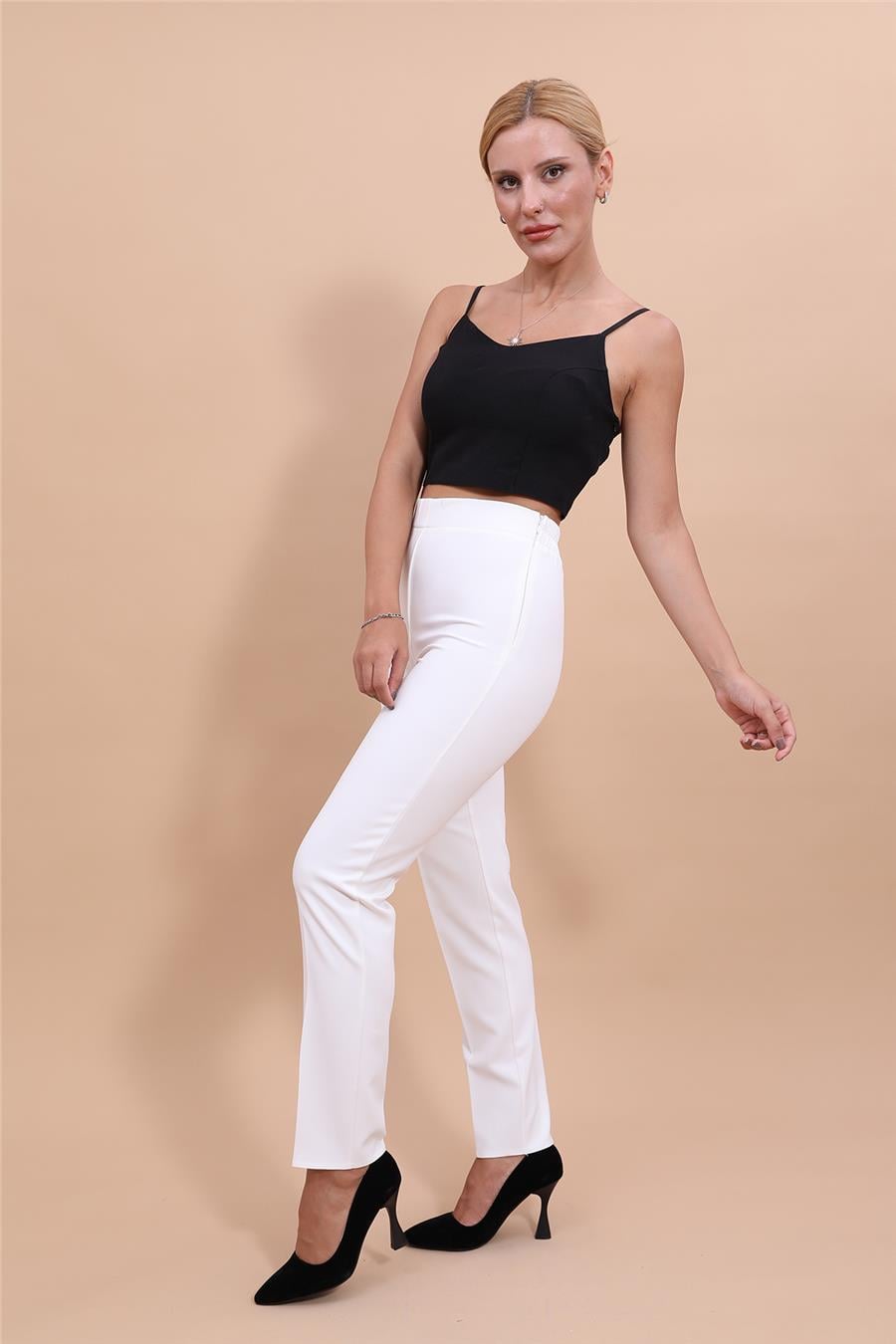 Lastikli Dar Paça Pantolon-Beyaz Önder Özsoy 5014100 Beli Lastikli Fermuarlı Boru Paça Pantolon