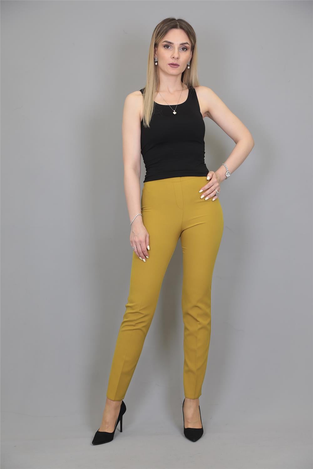 Lastikli Dar Paça Pantolon-Fıstık Önder Özsoy 5014100 Beli Lastikli Fermuarlı Boru Paça Pantolon