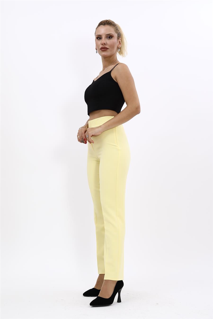 Lastikli Dar Paça Pantolon-Sarı Önder Özsoy 5014100 Beli Lastikli Fermuarlı Boru Paça Pantolon