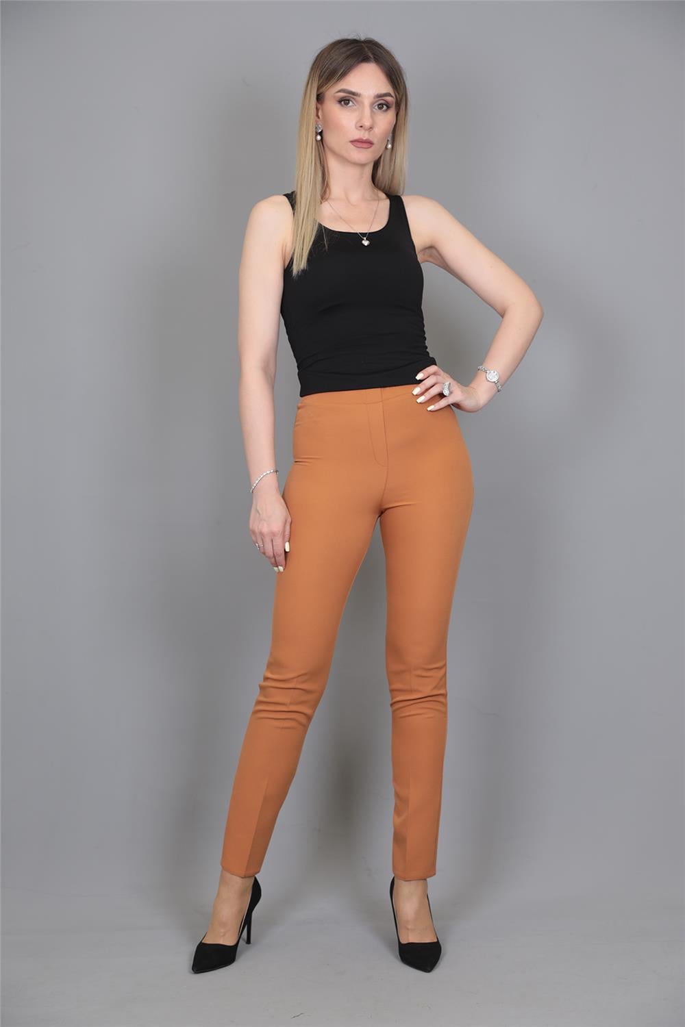 Lastikli Dar Paça Pantolon-Taba Önder Özsoy 5014100 Beli Lastikli Fermuarlı Boru Paça Pantolon
