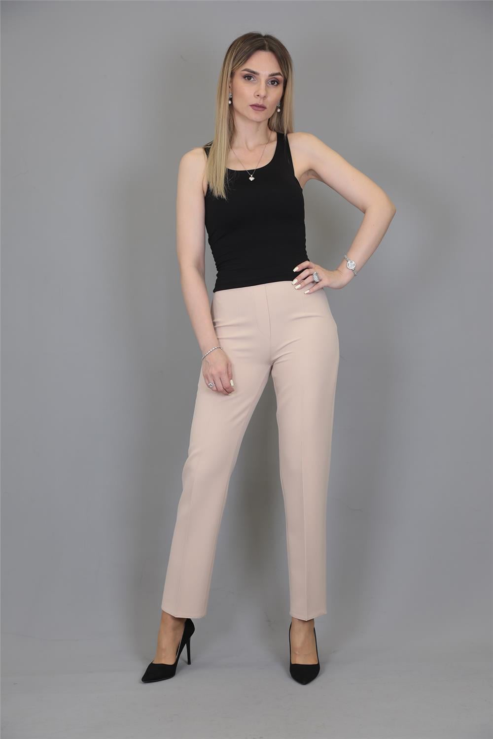 Lastikli Dar Paça Pantolon-Vizon Önder Özsoy 5014100 Beli Lastikli Fermuarlı Boru Paça Pantolon