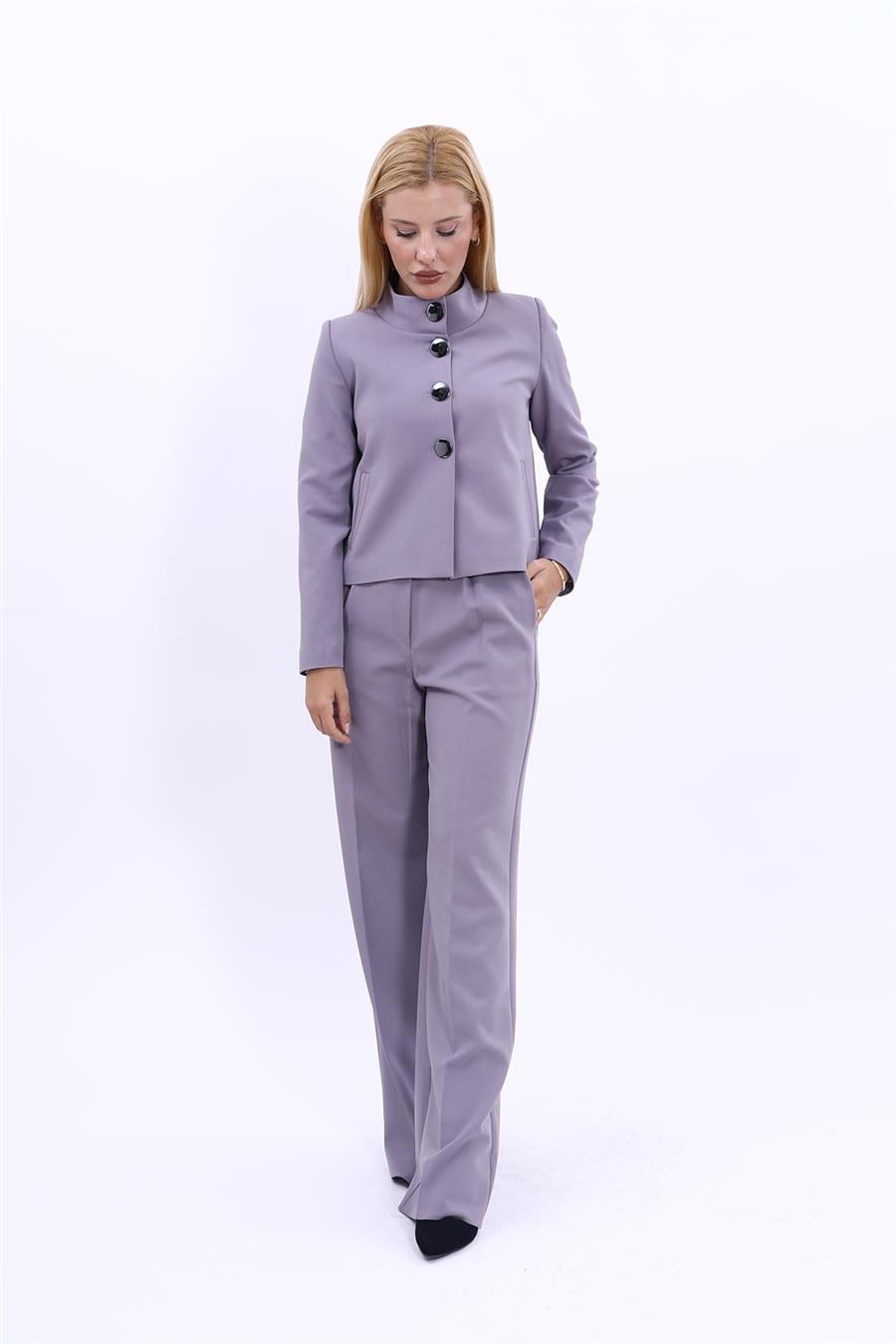 Oval Dik Yaka Kısa Ceket &  Korsaj Kemer Palazzo Pantolon-Antrasit Önder Özsoy 1010522 Boydan Düğmeli Mini Ceket & Kemerli Bol Paça Pantolon Takım