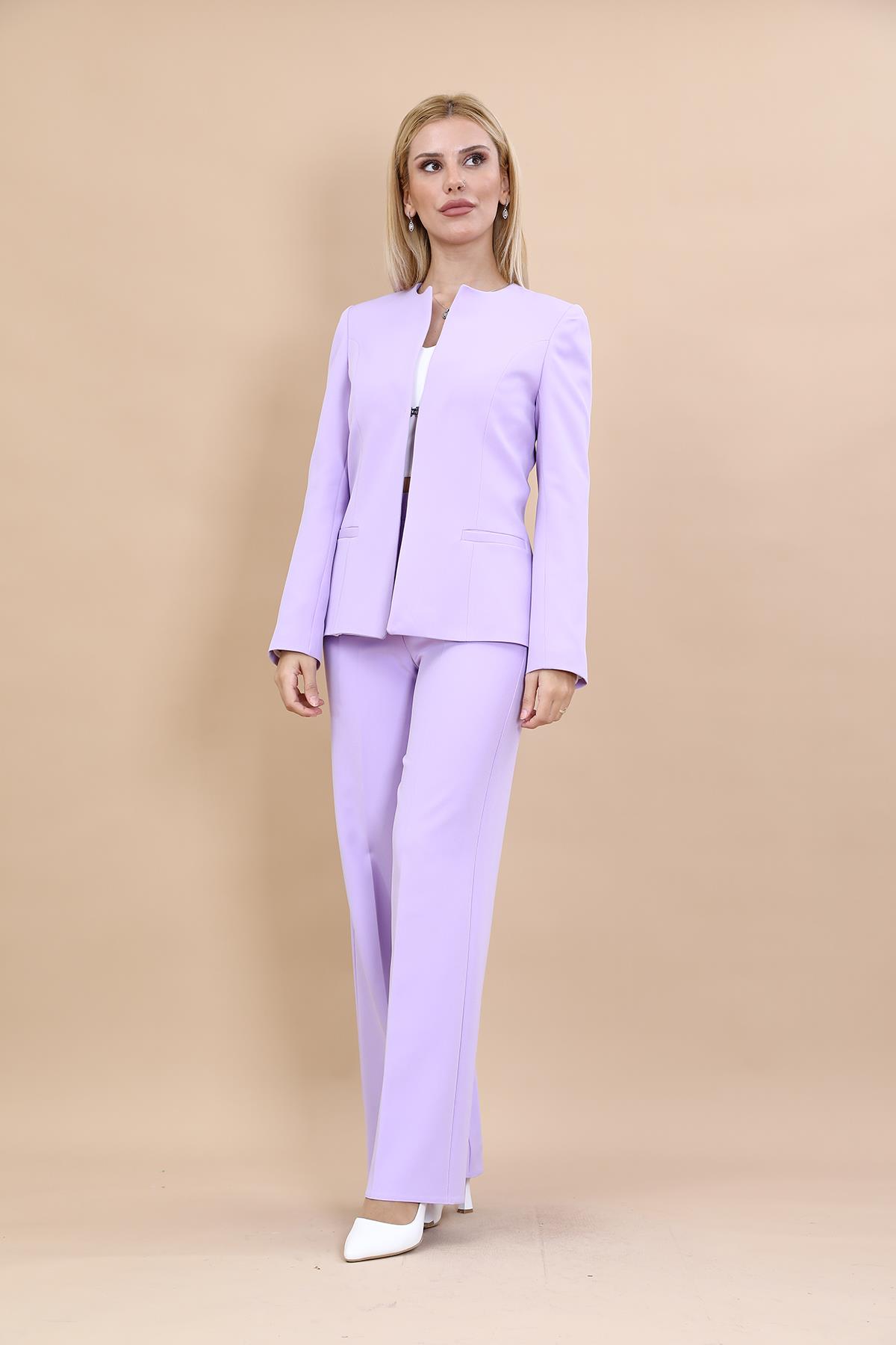 Oval Yaka Uzun Ceket & Bol Paça Pantolon Takım-Menekşe Önder Özsoy 1043520 Oval Yaka Uzun Ceket & Bol Paça Pantolon Takım