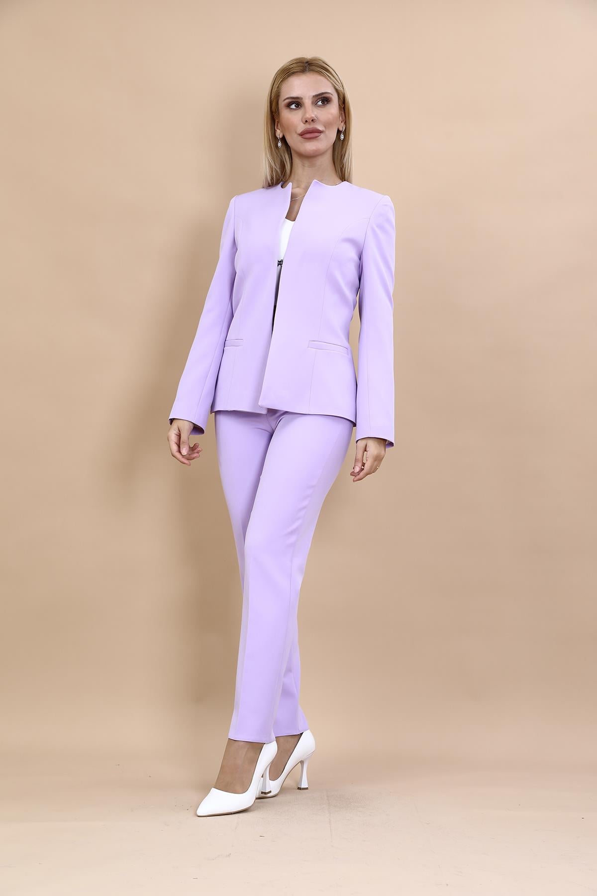 Oval Yaka Uzun Ceket & Boru Paça Pantolon Takım-Menekşe Önder Özsoy 1043510 Oval Yaka Uzun Ceket & Boru Paça Pantolon Takım