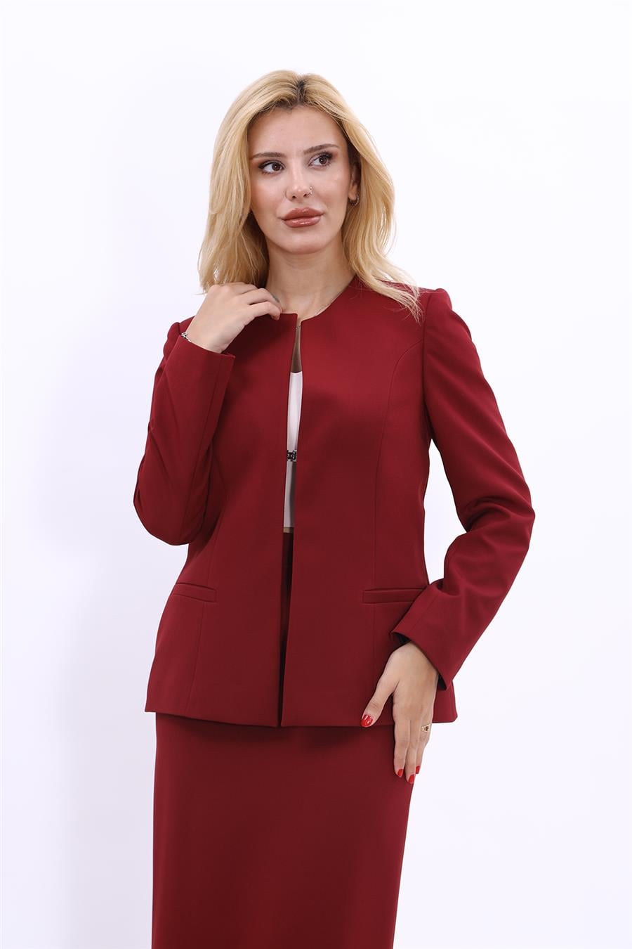 Oval Yaka Yandan Kuplu Klasik Ceket-Bordo Önder Özsoy 1043100 Oval Yaka Uzun Ceket
