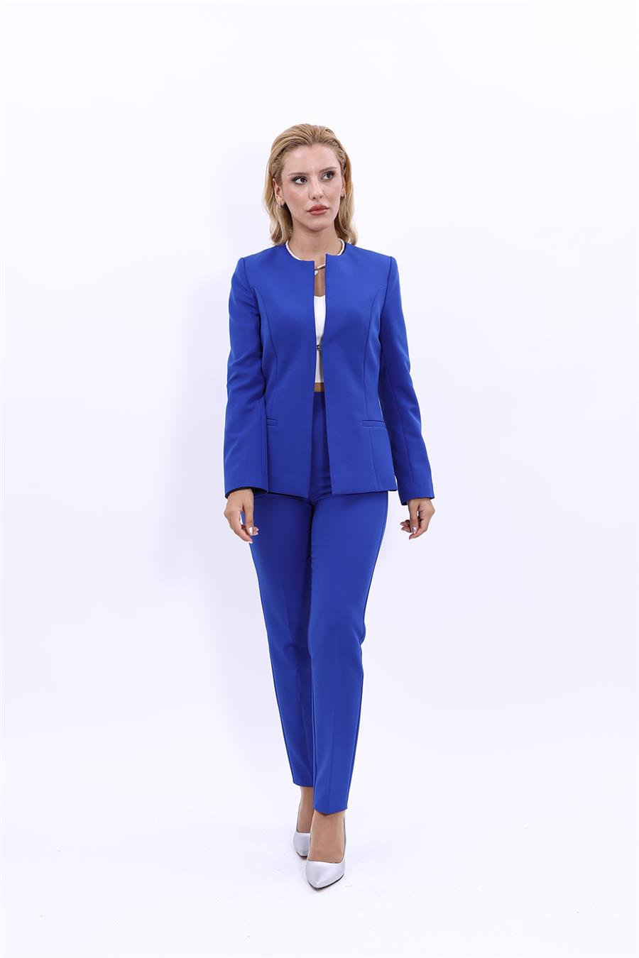Oval Yaka Yandan Kuplu Klasik Ceket & Dar Paça Pantolon-Saks Önder Özsoy 1043510 Oval Yaka Uzun Ceket & Boru Paça Pantolon Takım