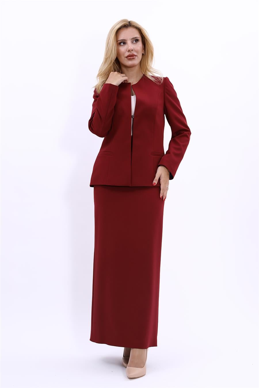Oval Yaka Yandan Kuplu Klasik Ceket & Uzun Düz Dar Etek-Bordo Önder Özsoy 1043553 Oval Yaka Uzun Ceket & Uzun Kalem Etek Takım