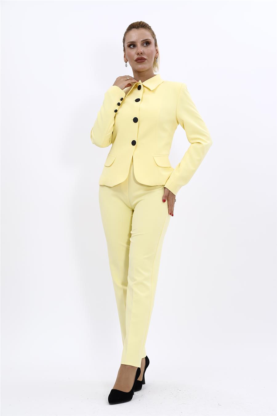 Peplum Ceket & Boru Paça Pantolon Takım-Sarı Önder Özsoy 1054510 Peplum Ceket & Boru Paça Pantolon Takım