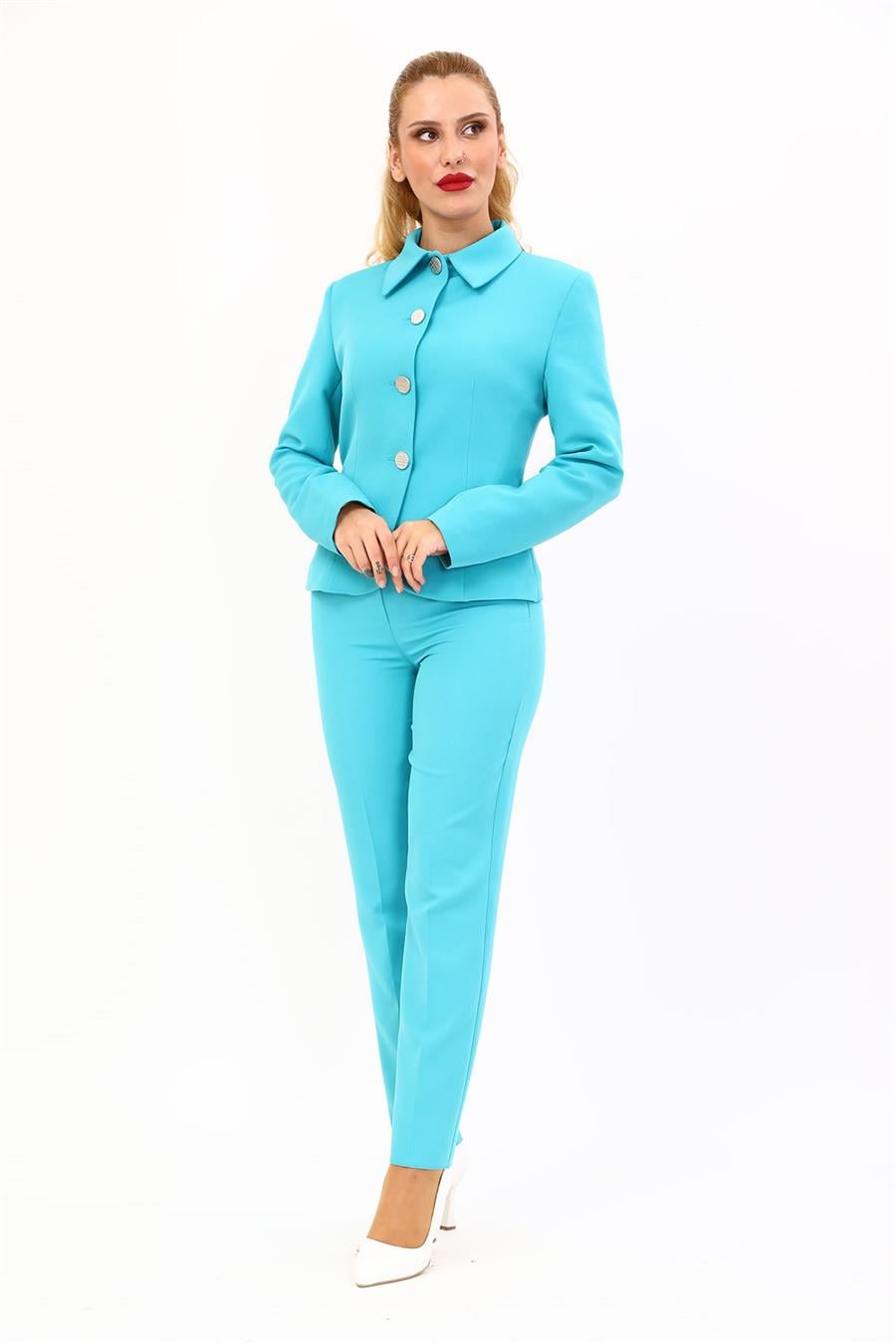 Peplum Ceket & Boru Paça Pantolon Takım-Turkuaz Önder Özsoy 1054510 Peplum Ceket & Boru Paça Pantolon Takım