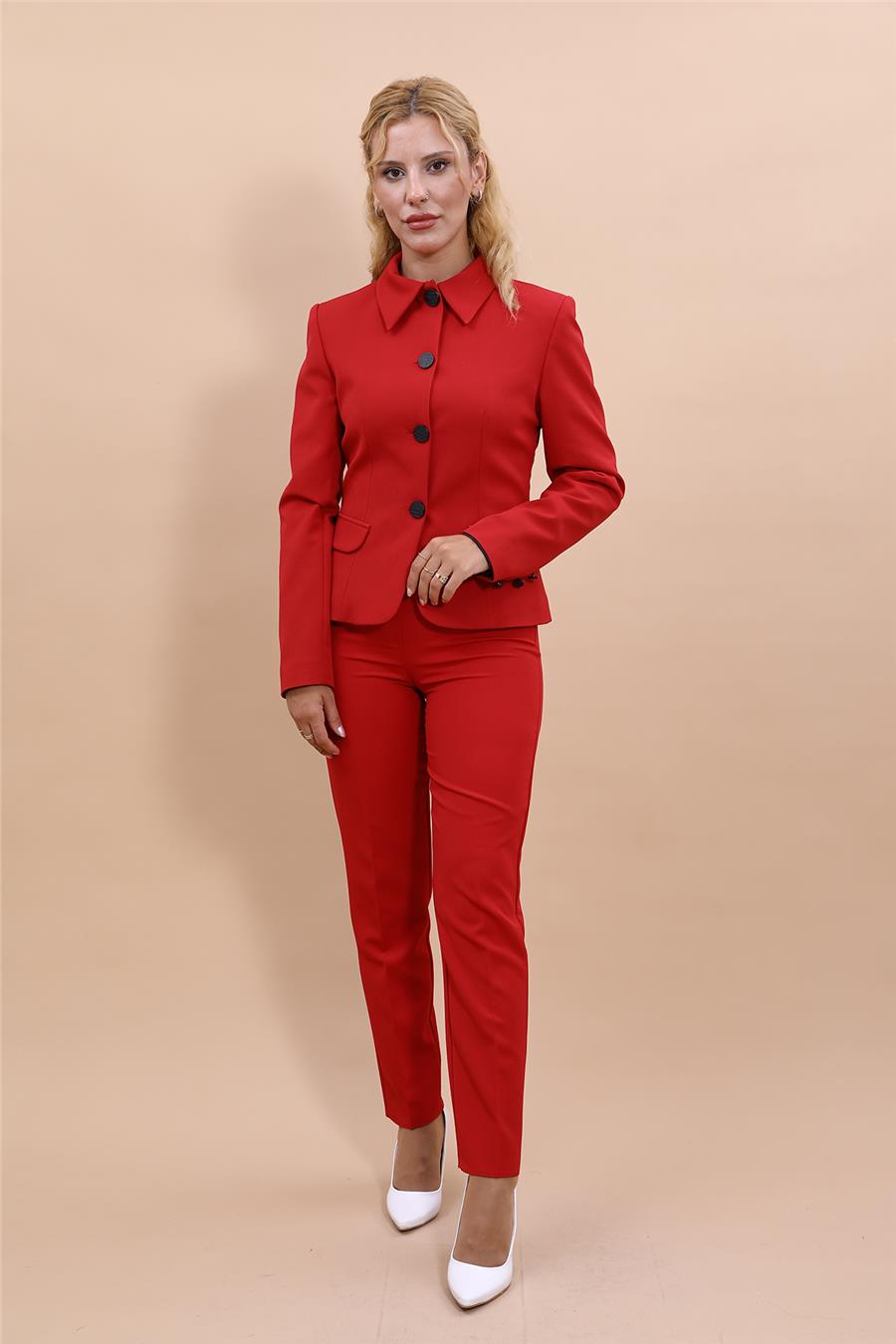 Peplum Ceket & Boru Paça Pantolon Takım-Kırmızı Önder Özsoy 1054510 Peplum Ceket & Boru Paça Pantolon Takım
