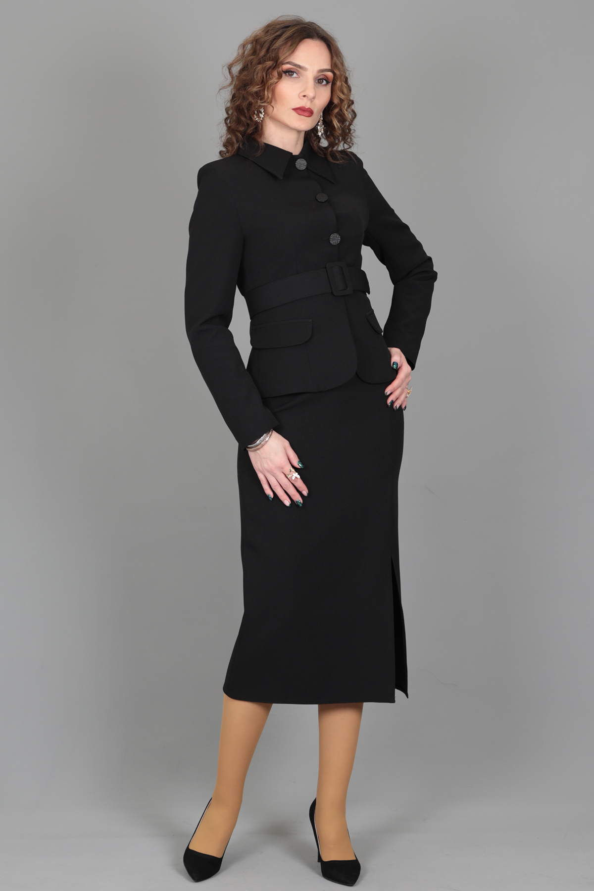 Peplum Ceket & Yırtmaçlı Uzun Etek Takım-Siyah - Önder Özsoy | Ofis Giyim |  Yeni Sezon