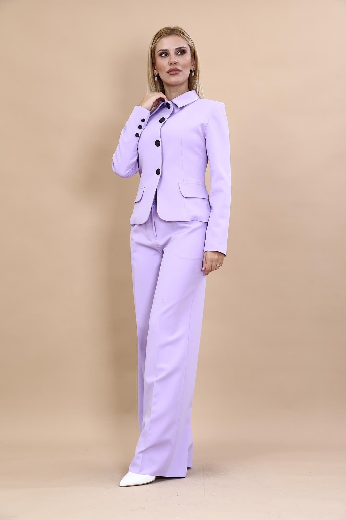 Peplum Ceket & Yüksek Bel Bol Paça Pantolon Takım-Menekşe Önder Özsoy 1054522 Peplum Ceket & Yüksek Bel Bol Paça Pantolon Takım