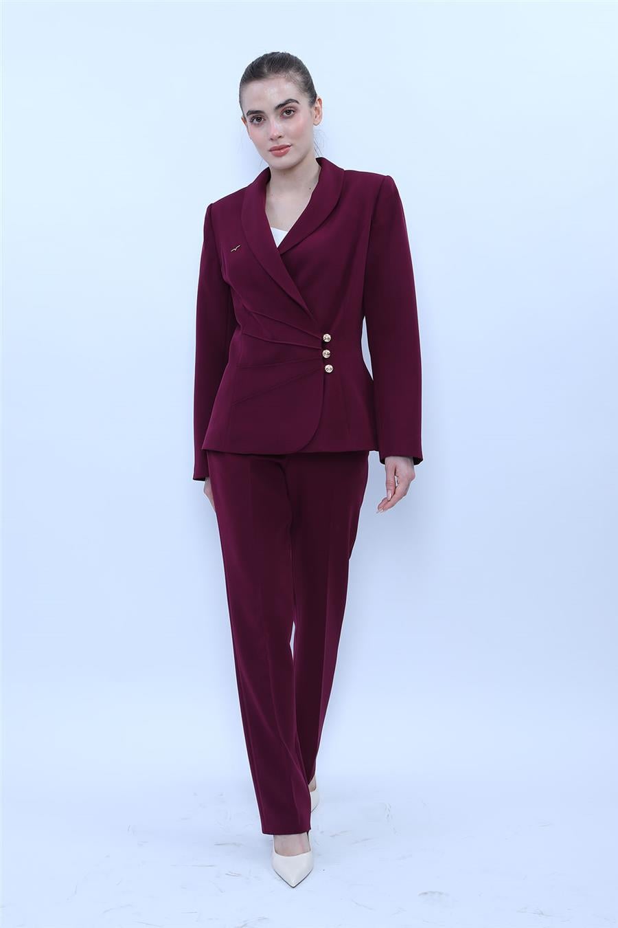 Şal Yaka Modelli Ceket & Kemerli Boru Paça Pantolon-Mürdüm Önder Özsoy 1082505 Pantolon Ceket Takım