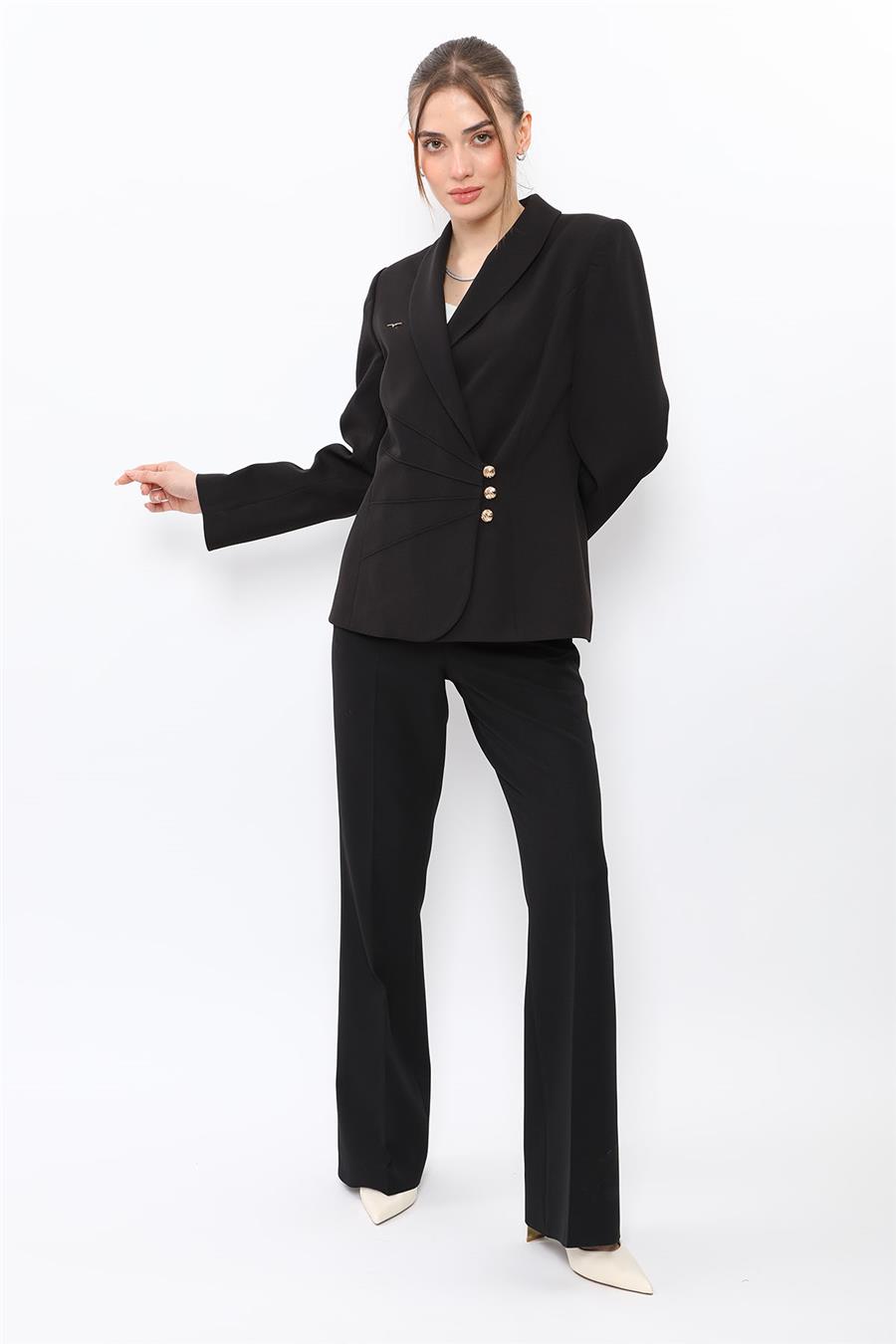 Şal Yaka Modelli Ceket & Kemerli İspanyol Paça Pantolon-Siyah Önder Özsoy 1082506 Pantolon Ceket Takım