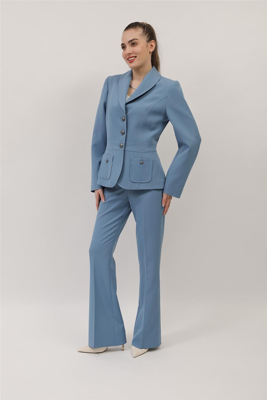 Şal Yaka Torba Cepli Ceket & Kemerli İspanyol Paça Pantolon-Deniz Önder Özsoy 1094506 Pantolon Ceket Takım