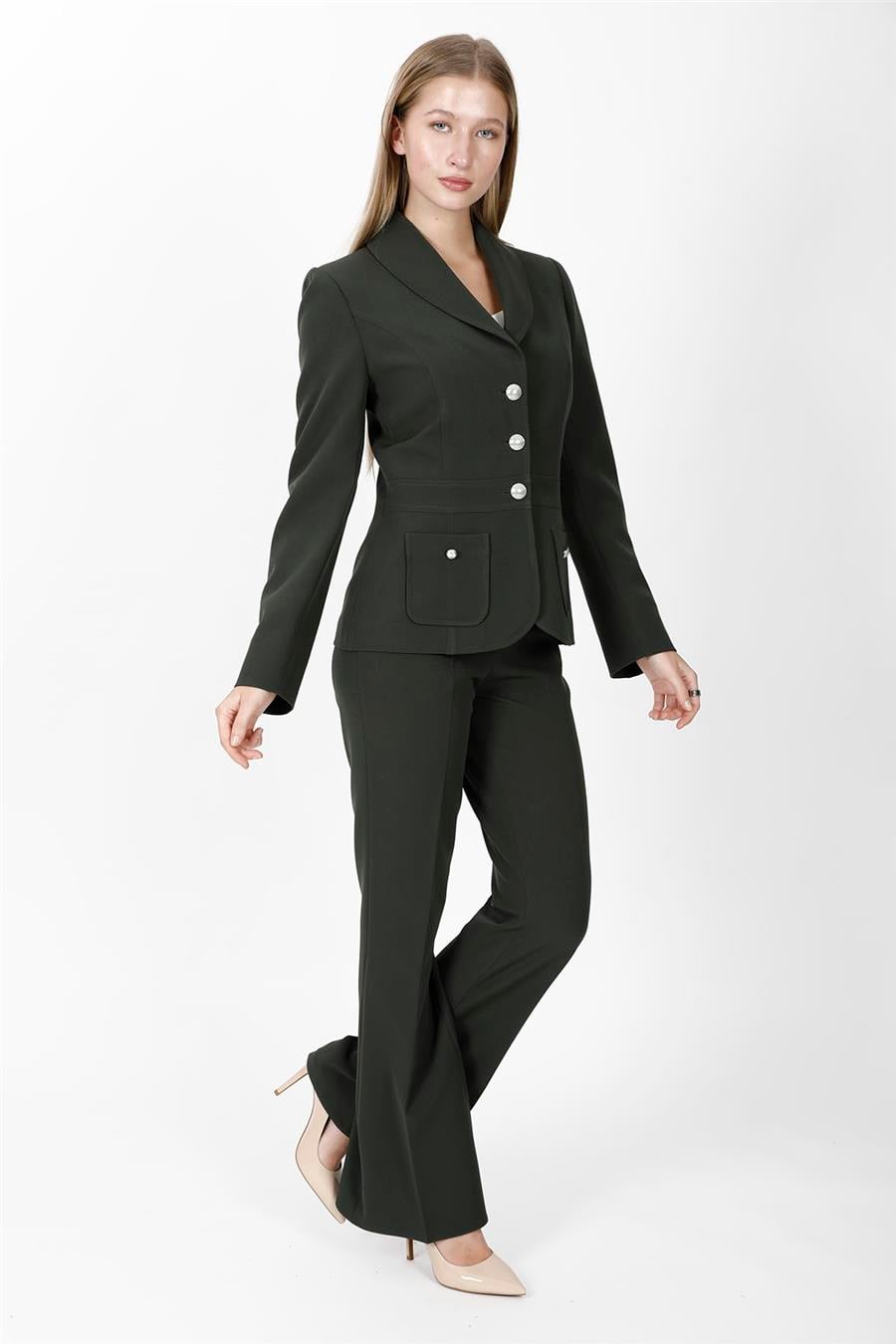 Şal Yaka Torba Cepli Ceket & Kemerli İspanyol Paça Pantolon-Haki Önder Özsoy 1094506 Pantolon Ceket Takım