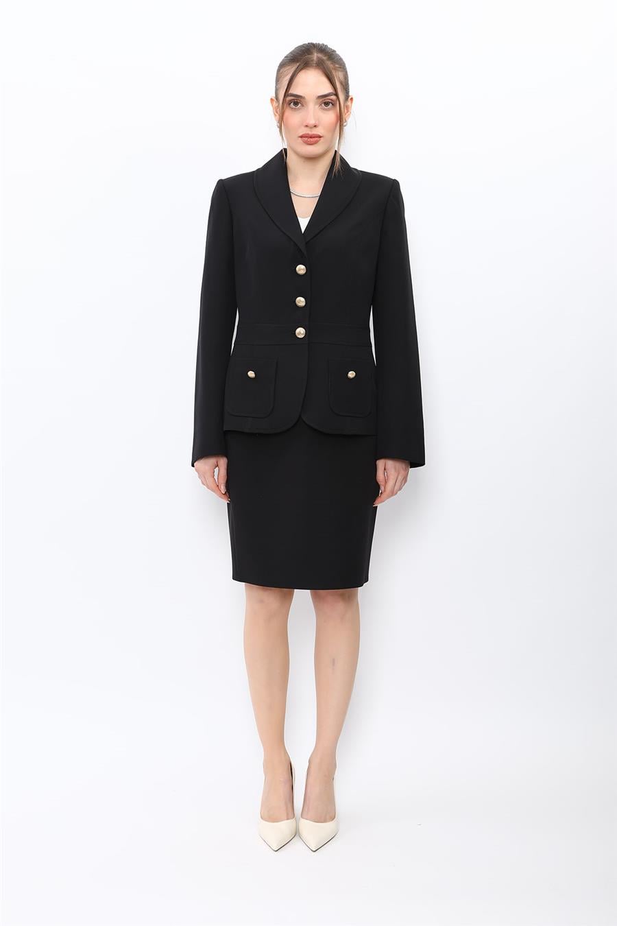 Şal Yaka Torba Cepli Ceket & Yırtmaçlı Düz Dar Etek-Siyah Önder Özsoy 1094502 Etek Ceket Takım