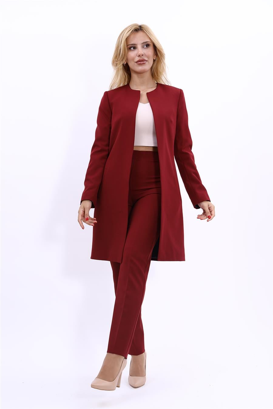 Sıfır Yaka Düz Uzun Ceket & Dar Paça Pantolon-Bordo Önder Özsoy 1005510 Düz Ceket & Boru Paça Pantolon Takım