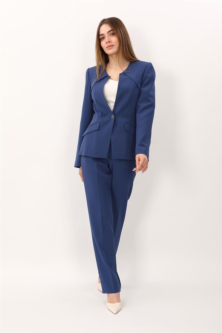 Sıfır Yaka Ön Robalı Ceket & Kemerli Boru Paça Pantolon-İndigo Önder Özsoy 1090505 Pantolon Ceket Takım