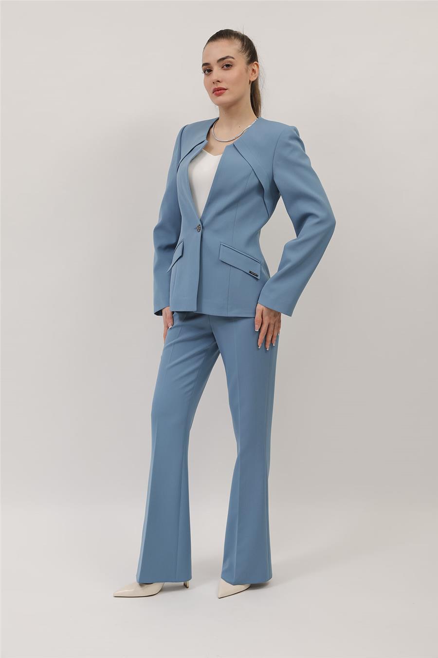 Sıfır Yaka Ön Robalı Ceket & Kemerli İspanyol Paça Pantolon-Deniz Önder Özsoy 1090506 Pantolon Ceket Takım