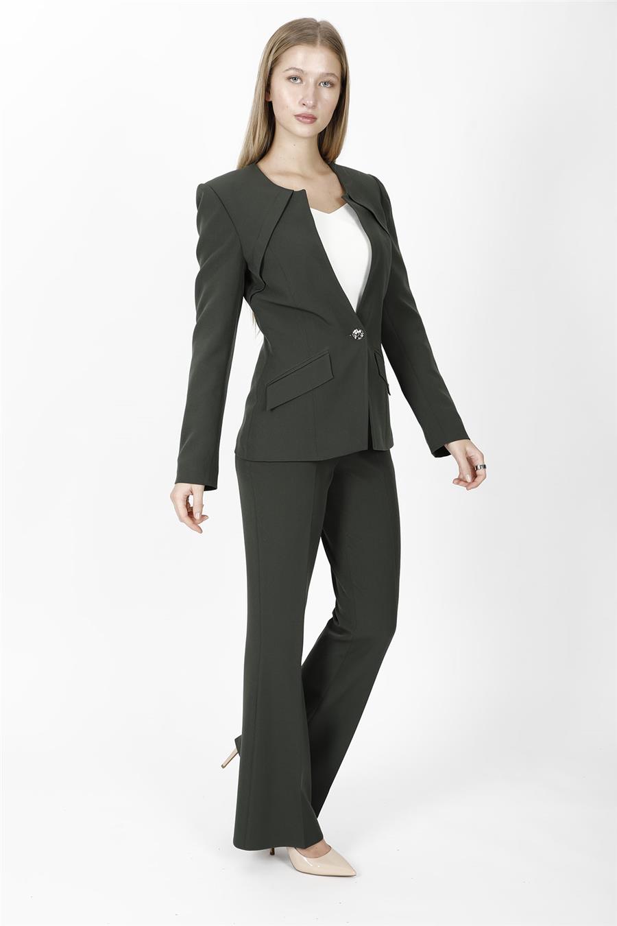 Sıfır Yaka Ön Robalı Ceket & Kemerli İspanyol Paça Pantolon-Haki Önder Özsoy 1090506 Pantolon Ceket Takım