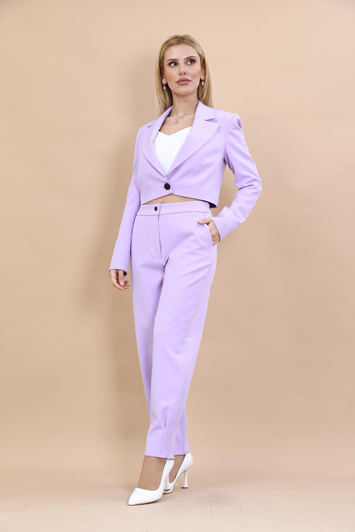 Tek Düğme Mini Ceket & Pileli Paça Pantolon Takım-Menekşe Önder Özsoy 1073532 Tek Düğme Mini Ceket & Pileli Paça Pantolon Takım