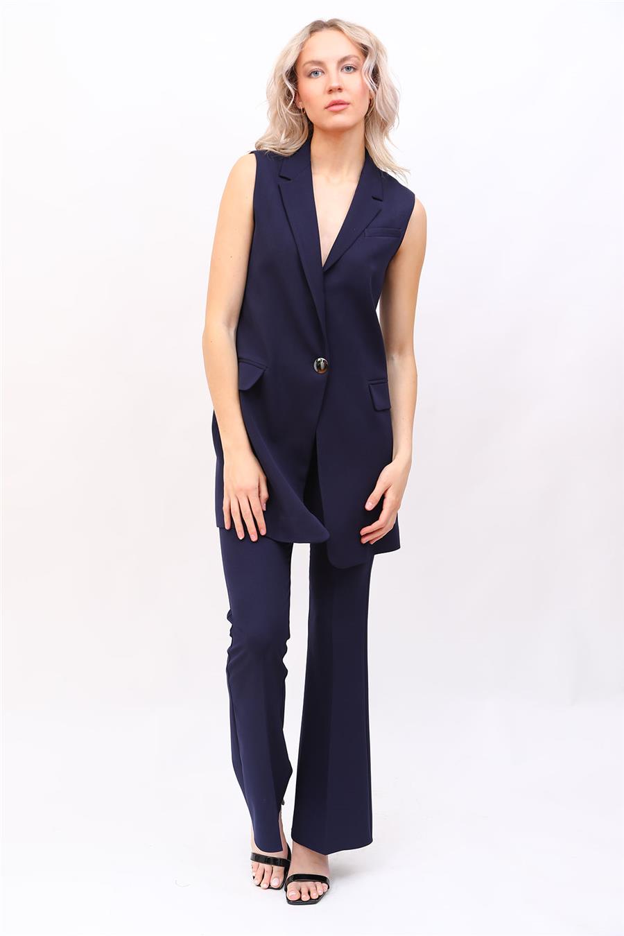 Tek Düğmeli Salaş Yelek &  İspanyol  Paça Pantolon Takım-Lacivert Önder Özsoy 1519530 Yelek Takım