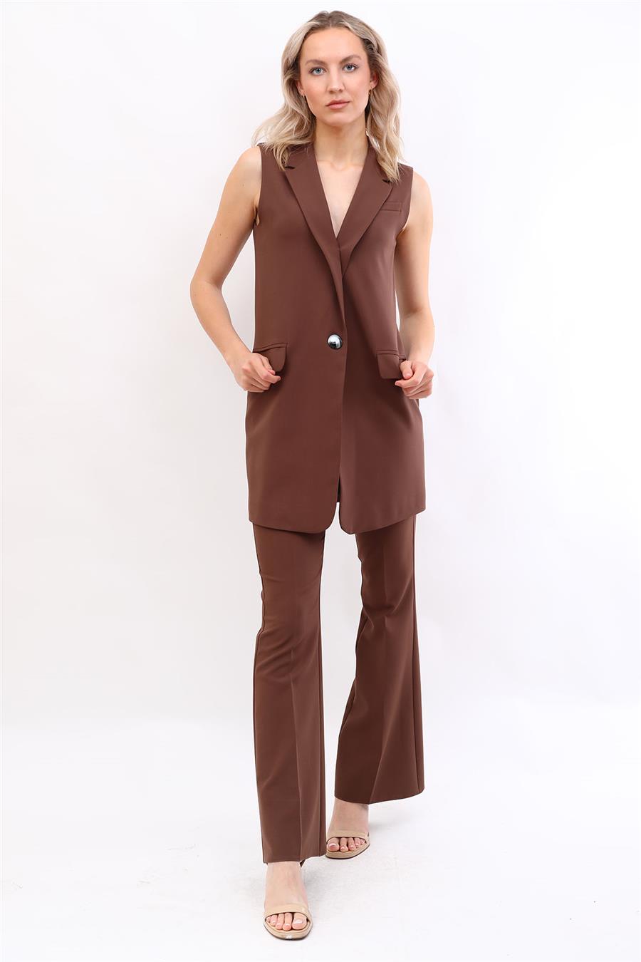 Tek Düğmeli Salaş Yelek &  İspanyol  Paça Pantolon Takım-Kestane Önder Özsoy 1519530 Yelek Takım