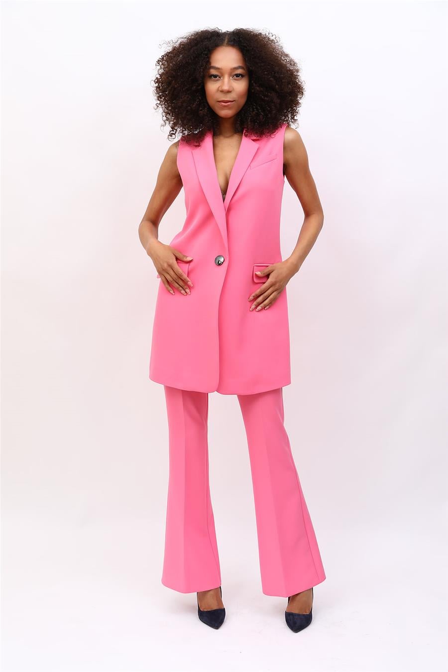 Tek Düğmeli Salaş Yelek &  İspanyol  Paça Pantolon Takım-Pembe Önder Özsoy 1519530 Yelek Takım
