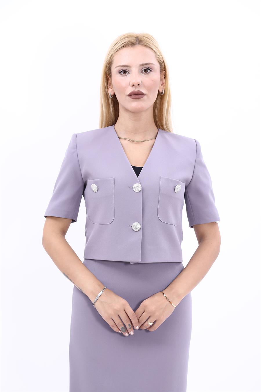 V Yaka  Kısa Ceket-Antrasit Önder Özsoy 1052100 Kısa Kollu Yakasız Mini Ceket