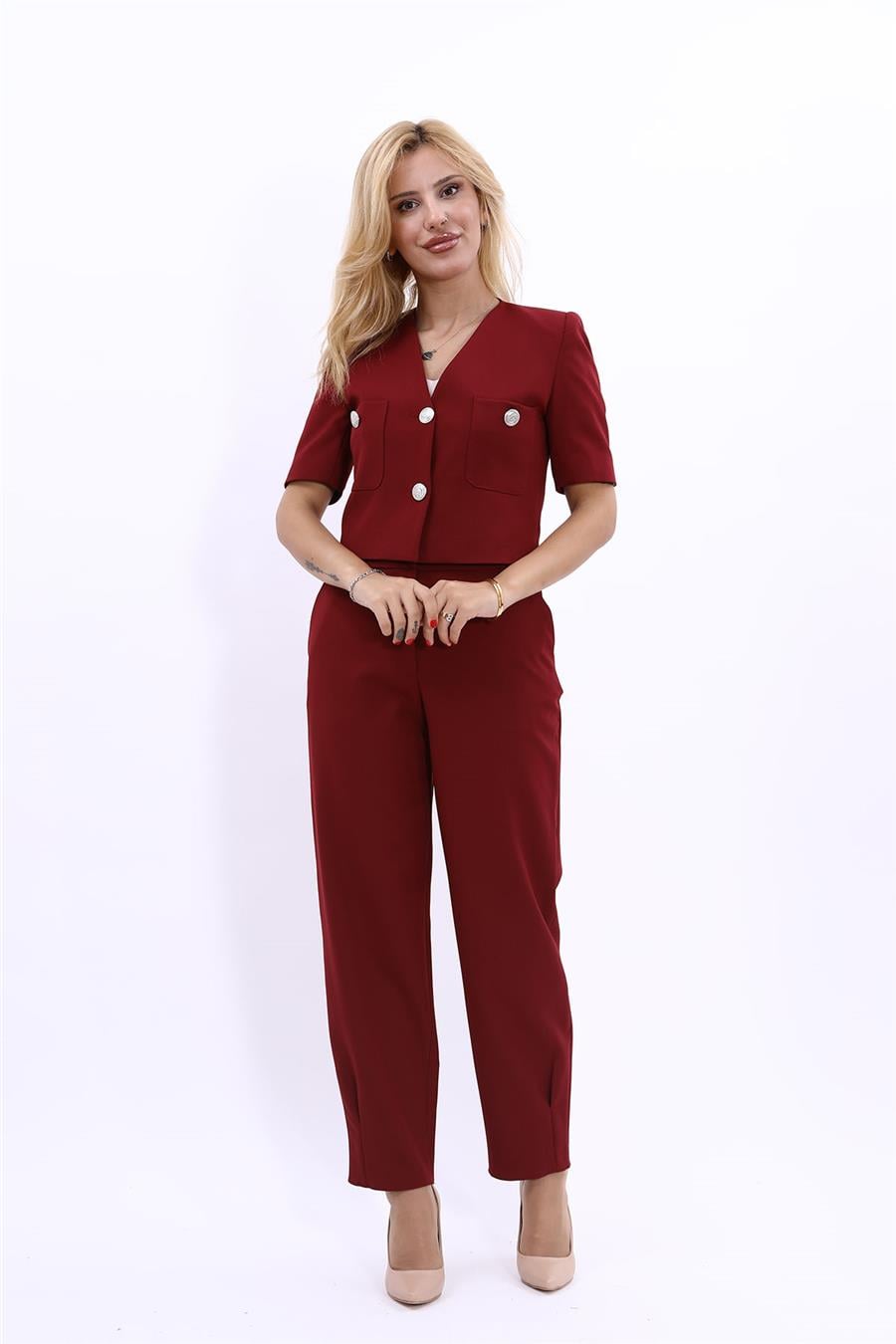 V Yaka Mini Ceket & Cepli Paçası pileli spor Pantolon Kadın Takım Elbise-Bordo Önder Özsoy 1152532 Pantolon Ceket Takım
