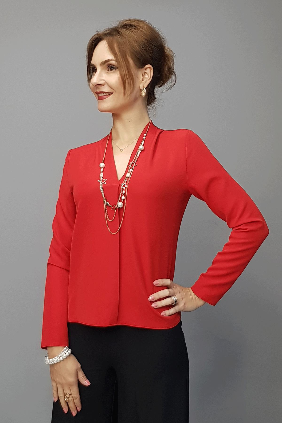 V Yaka Omuz Pileli Uzun Kol Bluz-Kırmızı Önder Özsoy 3502100 V Yaka Omuz Pileli Uzun Kol Bluz