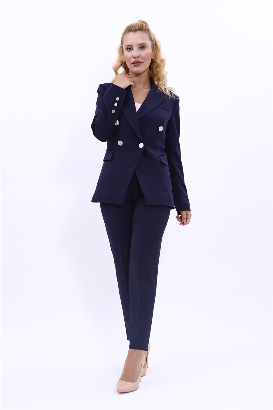 Yakalı Kruvaze Modern Ceket & Dar Paça Pantolon Kadın Takım Elbise -Lacivert Önder Özsoy 1147510 Pantolon Ceket Takım