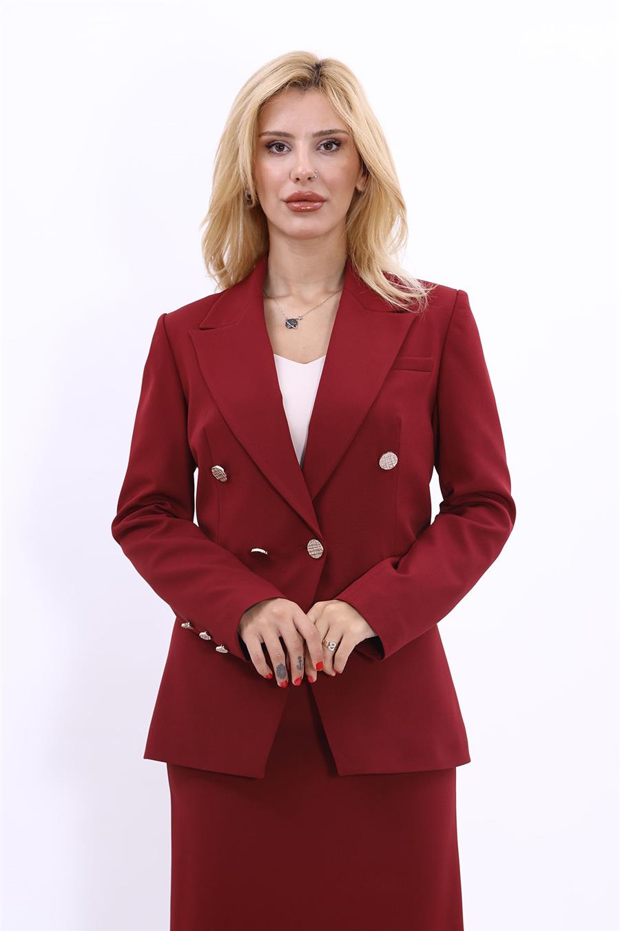 Yakalı Kruvaze modern Kadın Ceket-Bordo Önder Özsoy 1147100 Orta Boy Ceket