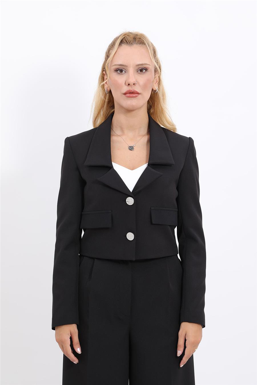 Yakalı Mini Kadın Spor Ceket -Siyah Önder Özsoy 1155100 Mini Ceket