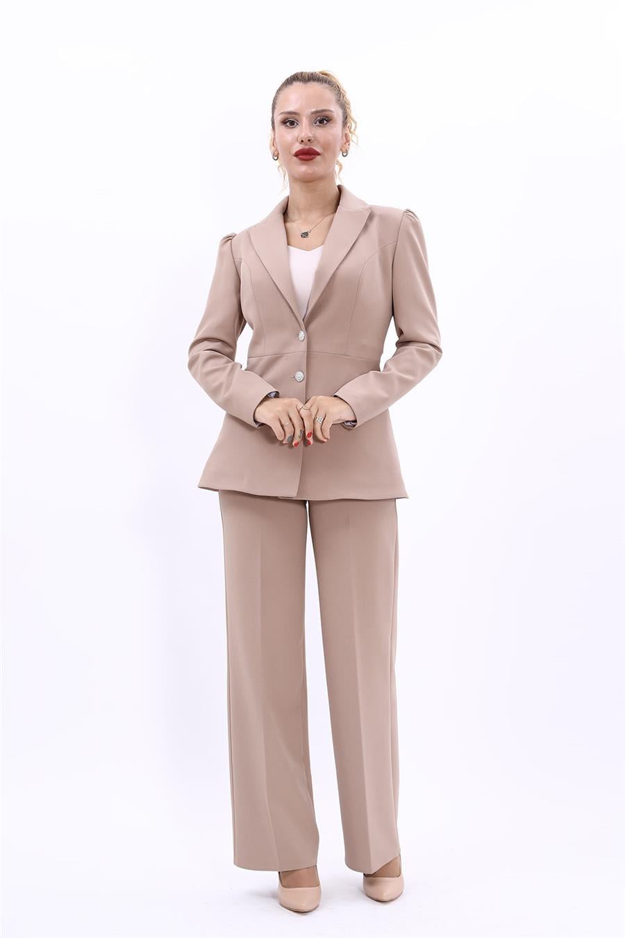 Yakalı Model Ceket  & Bol Paça Pantolon Kadın Takım Elbise-Taş Önder Özsoy 1163520 Pantolon Ceket Takım