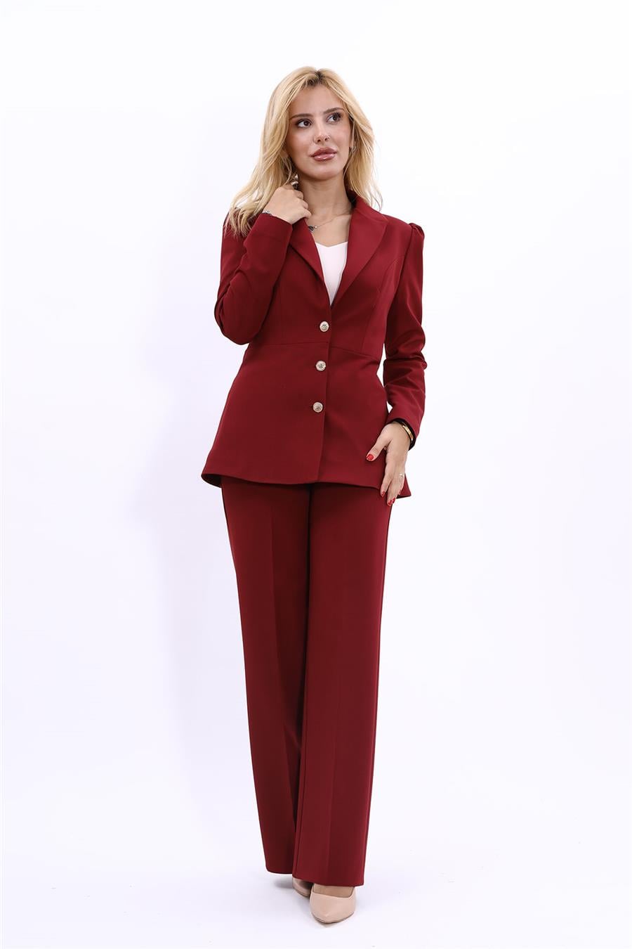 Yakalı Model Ceket  & Bol Paça Pantolon Kadın Takım Elbise-Bordo Önder Özsoy 1163520 Pantolon Ceket Takım