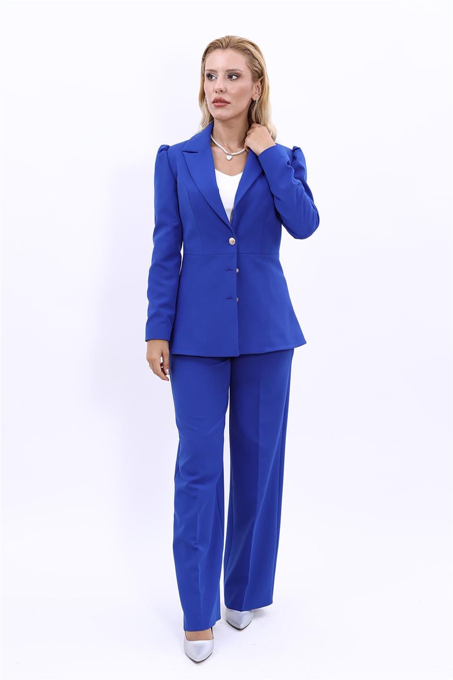 Yakalı Model Ceket  & Bol Paça Pantolon Kadın Takım Elbise-Saks Önder Özsoy 1163520 Pantolon Ceket Takım