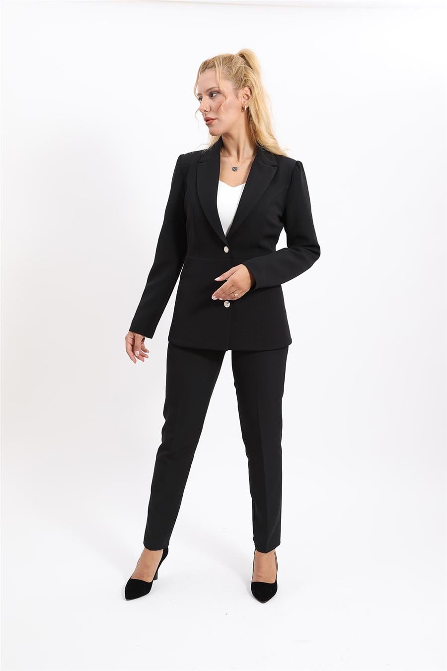 Yakalı Model Ceket  & Dar Paça Pantolon Kadın Takım Elbise-Siyah Önder Özsoy 1163510 Pantolon Ceket Takım