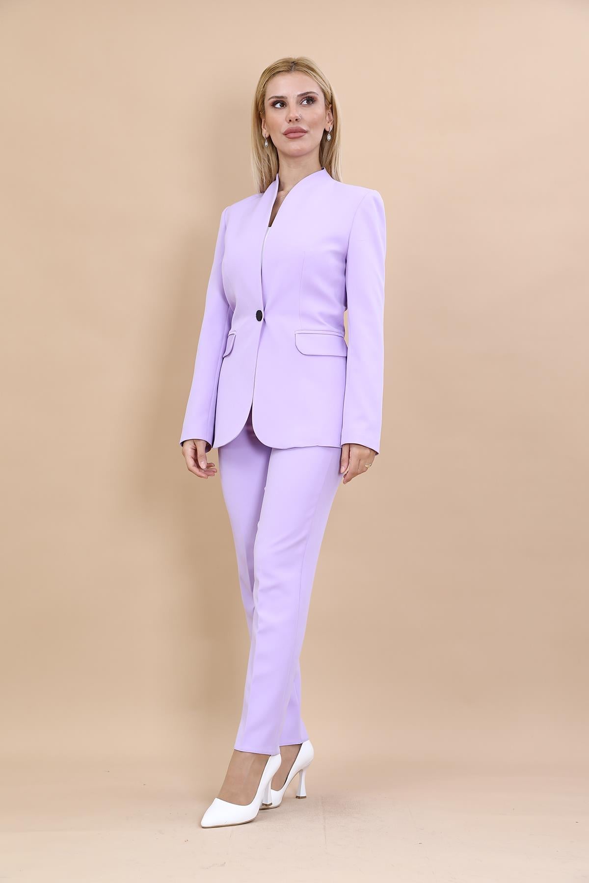 Yakasız Ceket  & Boru Paça Pantolon Takım-Menekşe Önder Özsoy 1072510 Yakasız Ceket  & Boru Paça Pantolon Takım