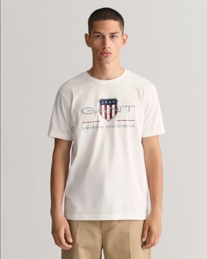 GANT Erkek Beyaz Regular Fit Bisiklet Yaka Logolu T-Shirt