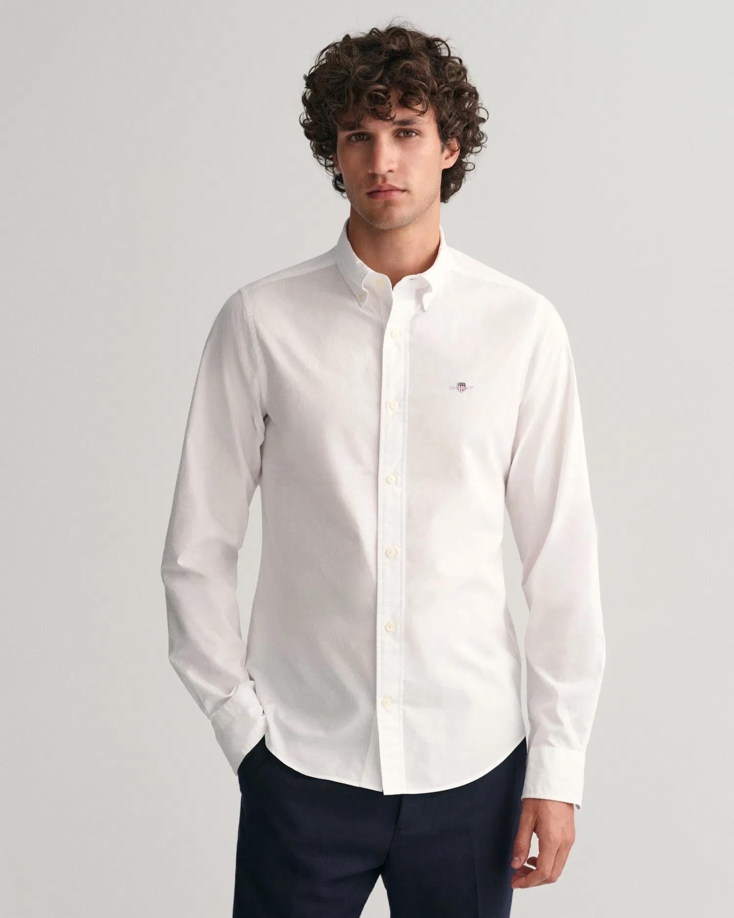 GANT Erkek Beyaz Slim Fit Düğmeli Yaka Broadcloth Gömlek