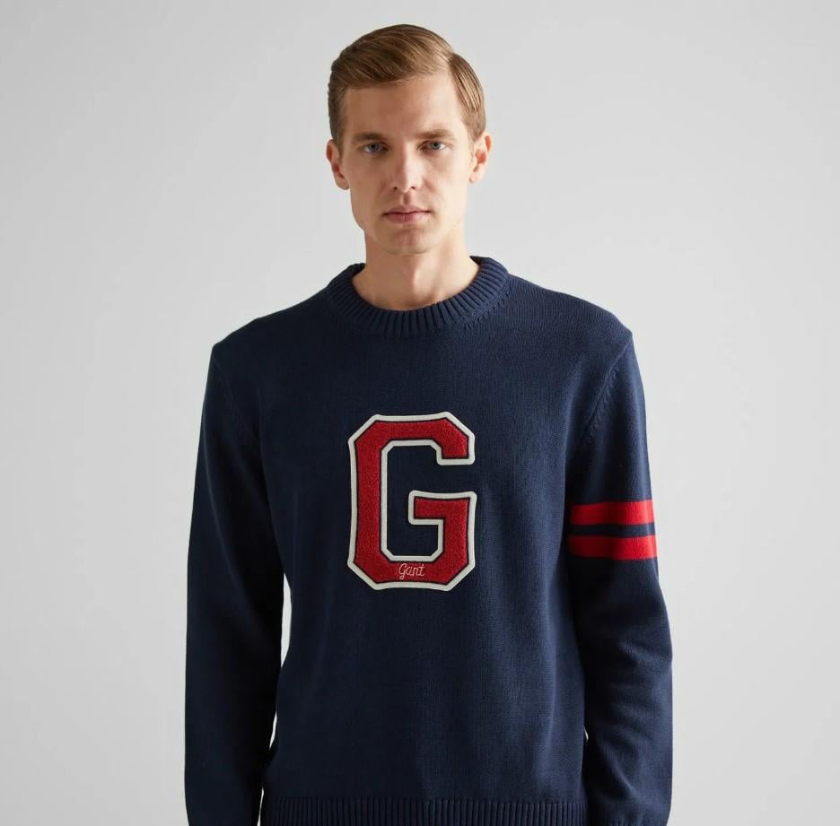 GANT Erkek Lacivert Relaxed Fit Bisiklet Yaka Logolu Kazak