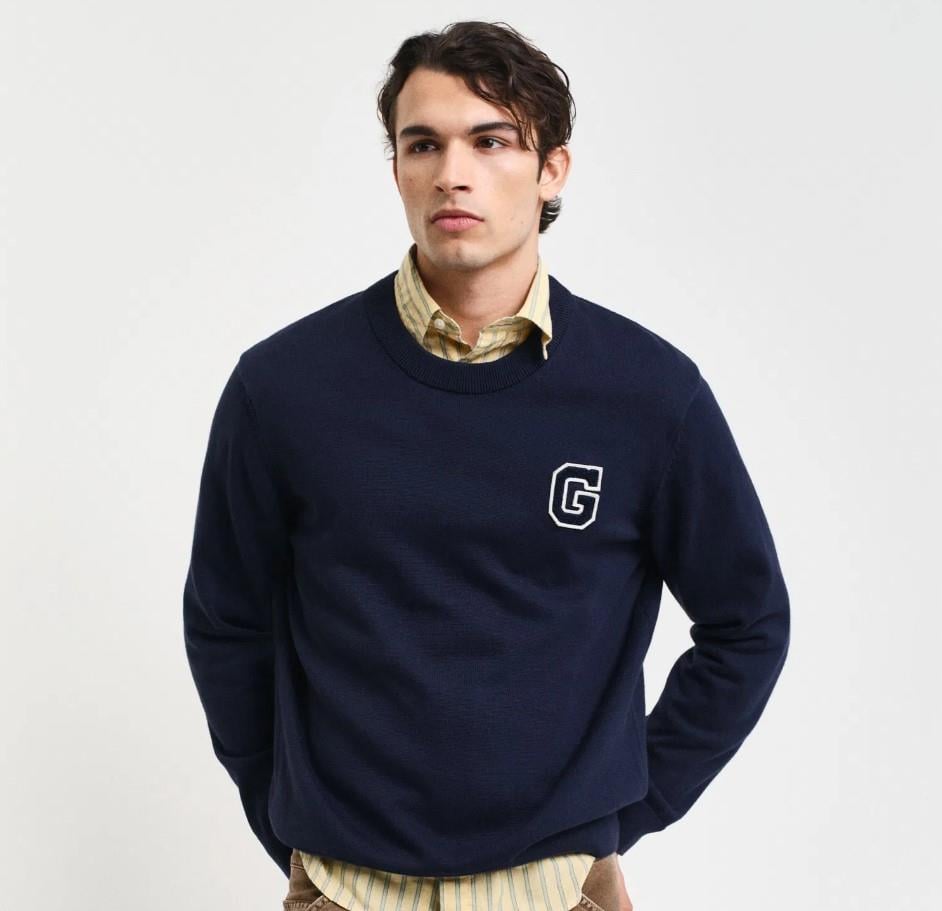 GANT Erkek Lacivert Relaxed Fit Bisiklet Yaka Logolu Kazak