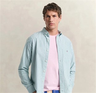 GANT Erkek Yeşil Regular Fit Çizgili Logolu Gömlek