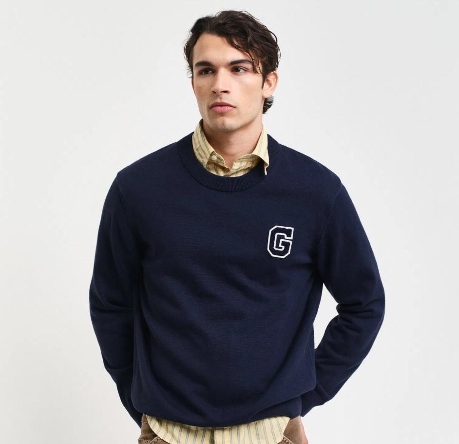 GANT Erkek Lacivert Relaxed Fit Bisiklet Yaka Logolu Kazak