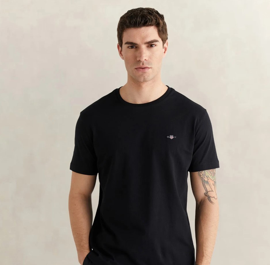 GANT Erkek Siyah Bisiklet Yaka Regular Fit Logolu T-Shirt