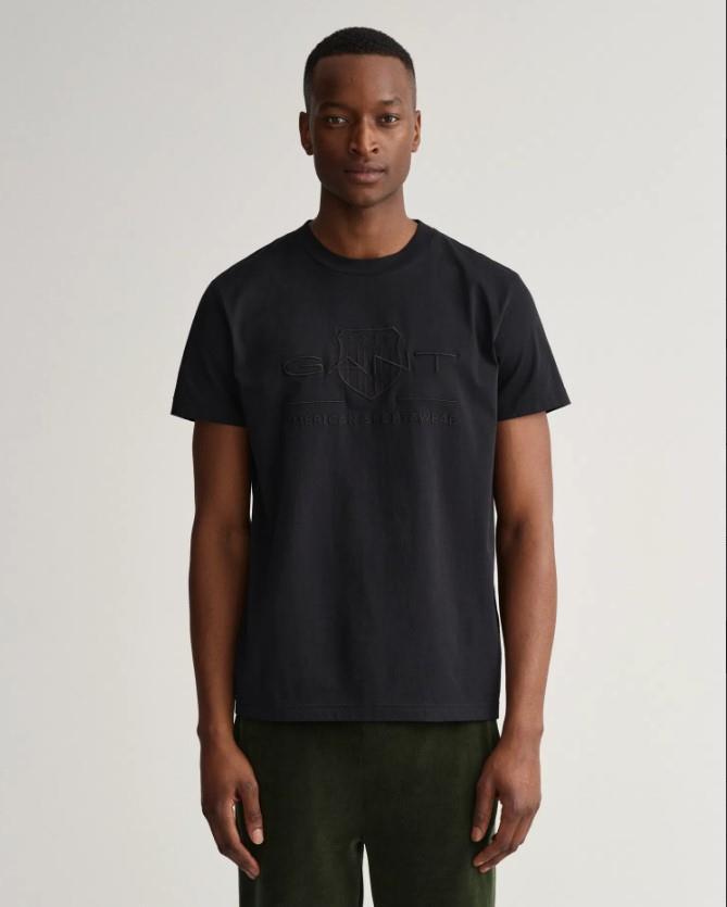 GANT Erkek Siyah Regular Fit Bisiklet Yaka Logolu T-Shirt